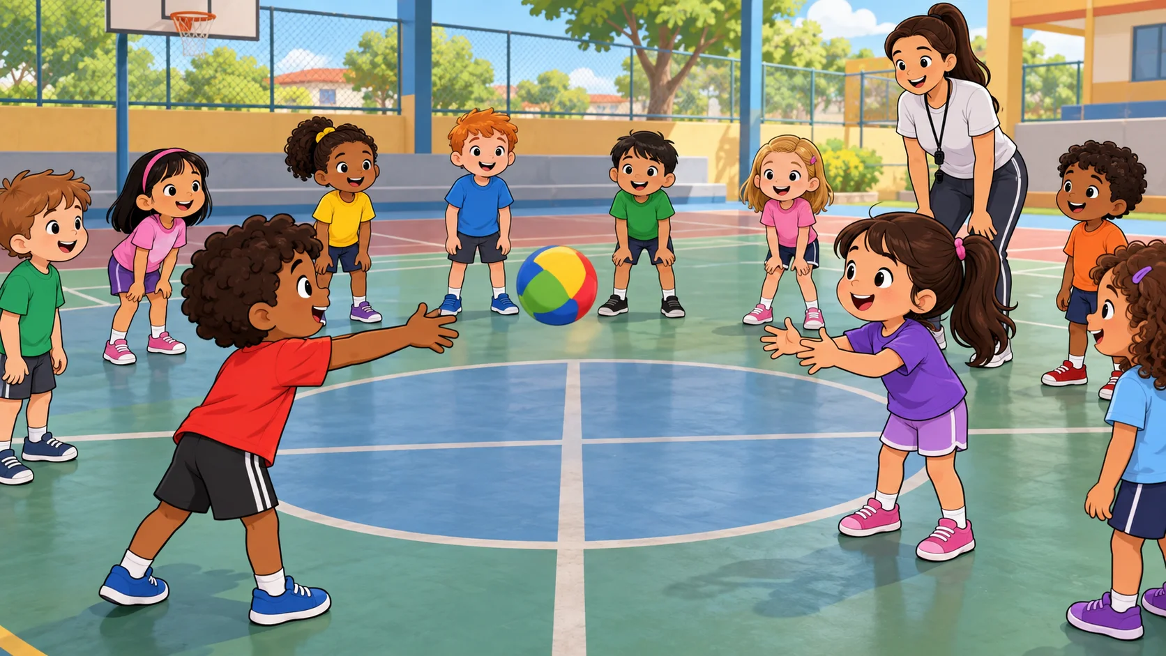 Ilustração cartoon 2D da atividade Bola do Nome, com crianças brincando na escola.