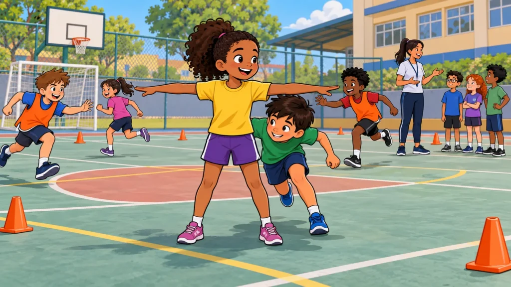 Ilustração cartoon 2D da atividade Pique das Regras Combinadas, com crianças brincando na escola.