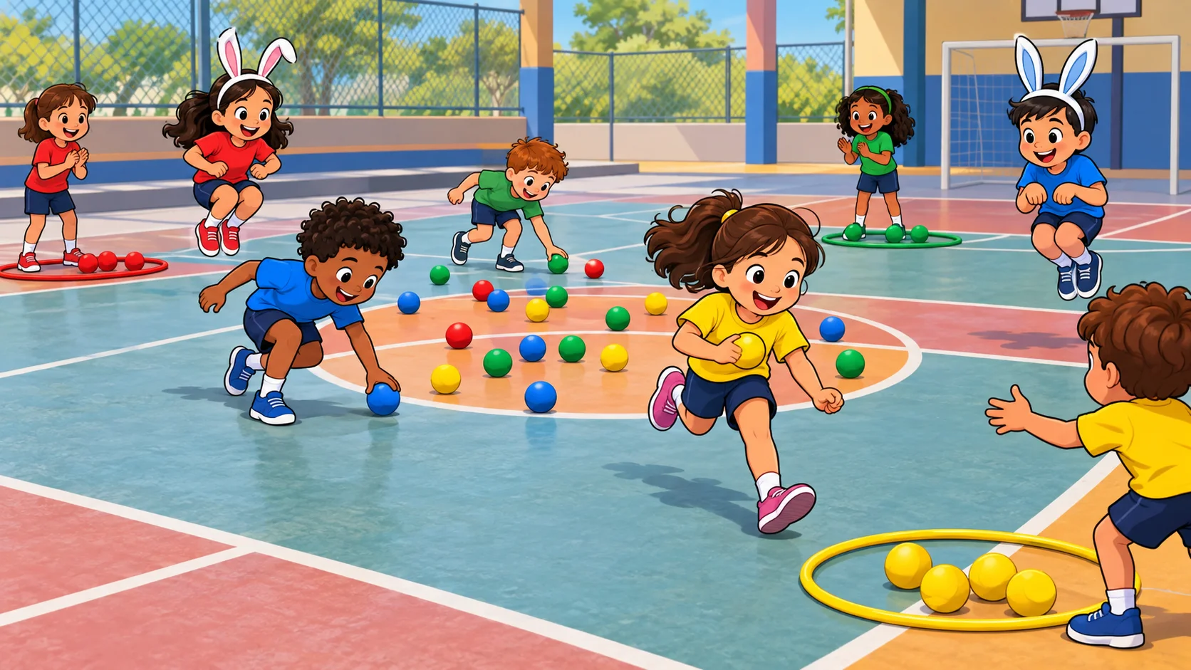 Ilustração cartoon 2D da atividade Caça aos Ovos Coloridos, com crianças brincando na escola.