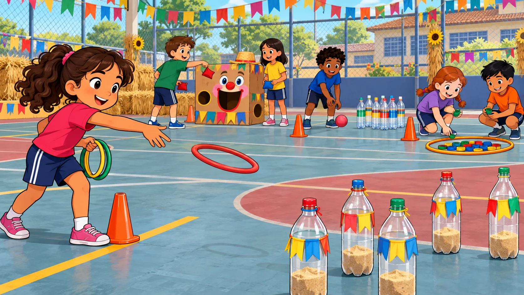 Ilustração cartoon 2D da atividade Arraiá das Argolas, com crianças brincando na escola.