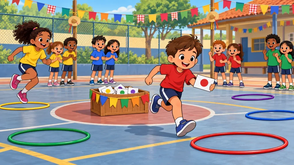 Ilustração cartoon 2D da atividade Correio Elegante na Quadra, com crianças brincando na escola.