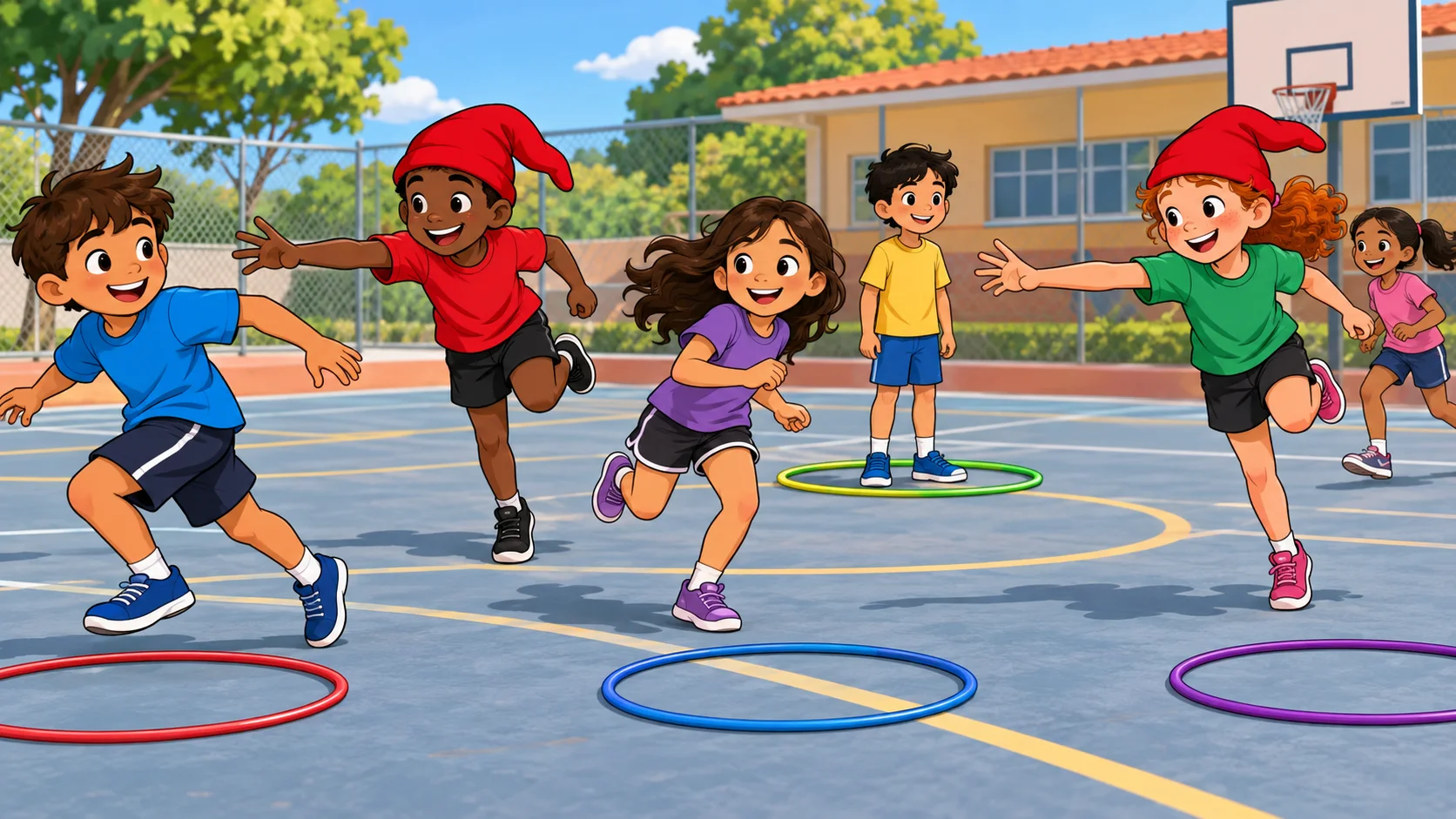 Ilustração cartoon 2D da atividade Pique Saci, com crianças brincando na escola.