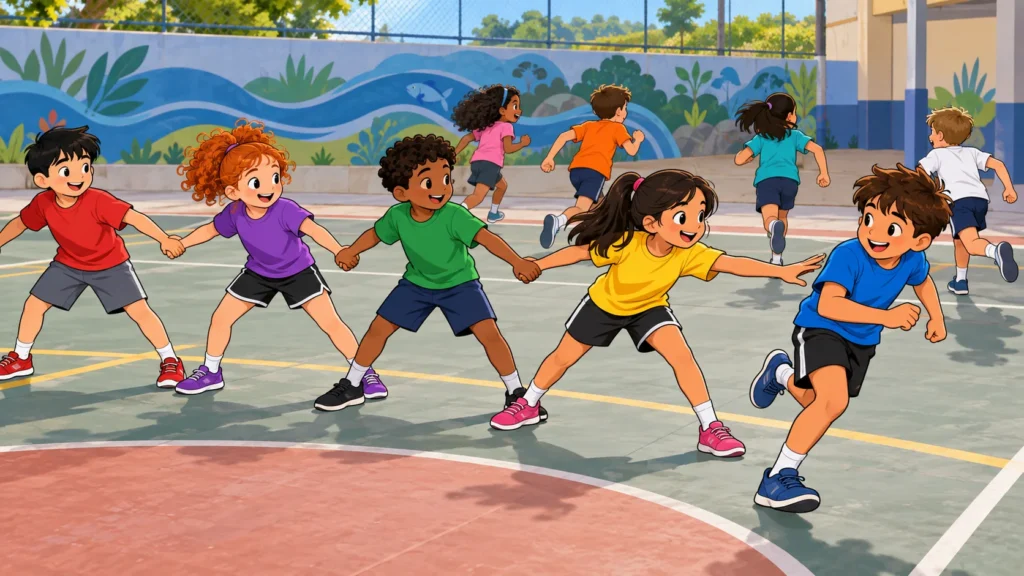 Ilustração cartoon 2D da atividade A Rede da Iara, com crianças brincando na escola.