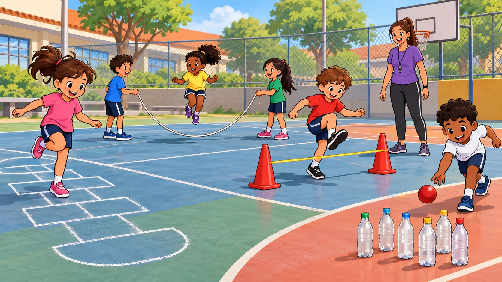 Circuito de amarelinha, corda, elástico e boliche com garrafas PET na quadra, ilustrado em cartoon 2D.