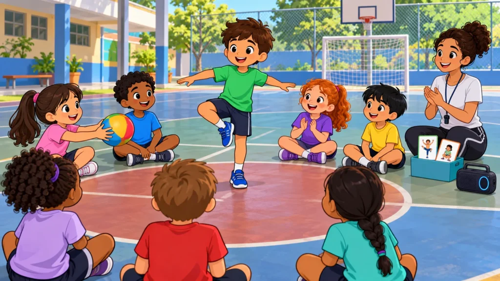 Ilustração cartoon 2D da atividade Batata Quente dos Desafios, com crianças brincando na escola.
