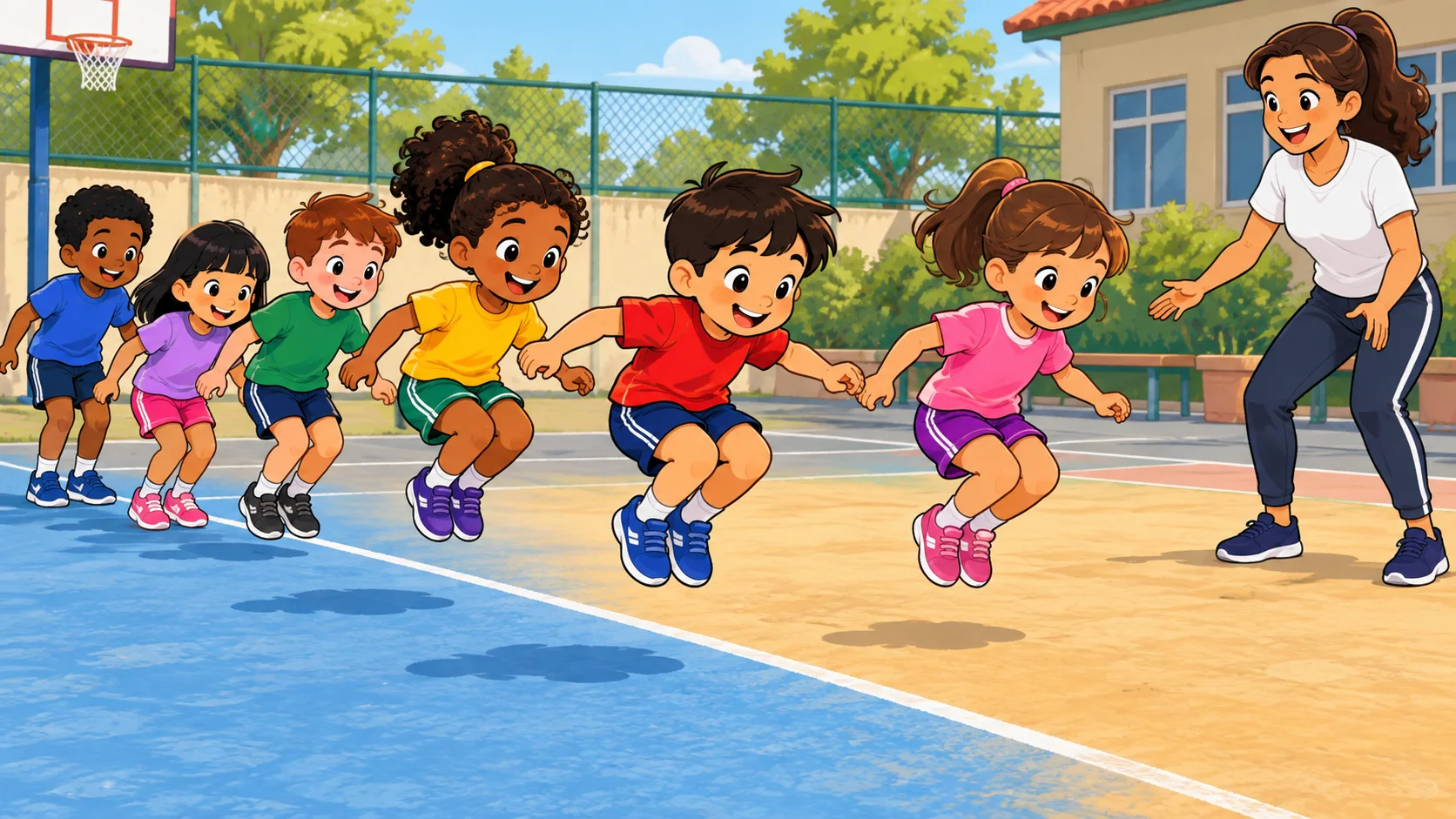 Ilustração cartoon 2D da atividade Terra e Mar, com crianças brincando na escola.