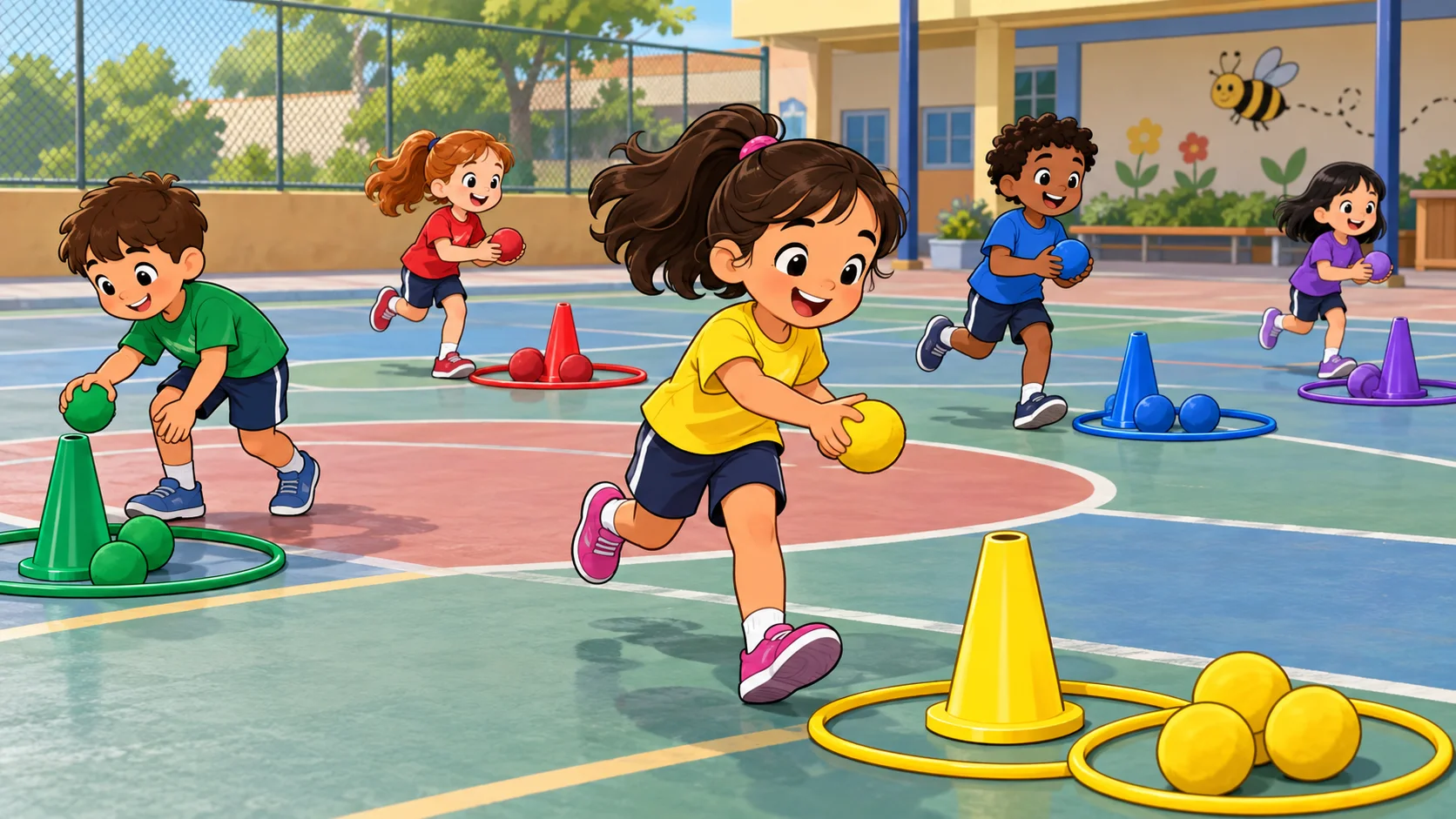 Ilustração cartoon 2D da atividade Abelhas no Jardim, com crianças brincando na escola.