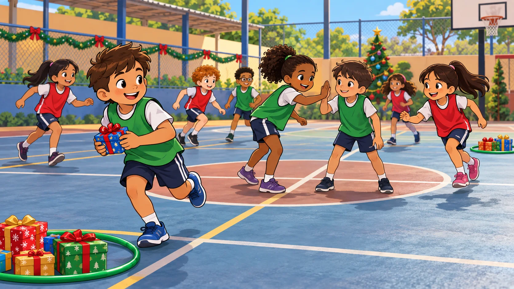 Ilustração cartoon 2D da atividade Renas Resgatam os Presentes, com crianças brincando na escola.