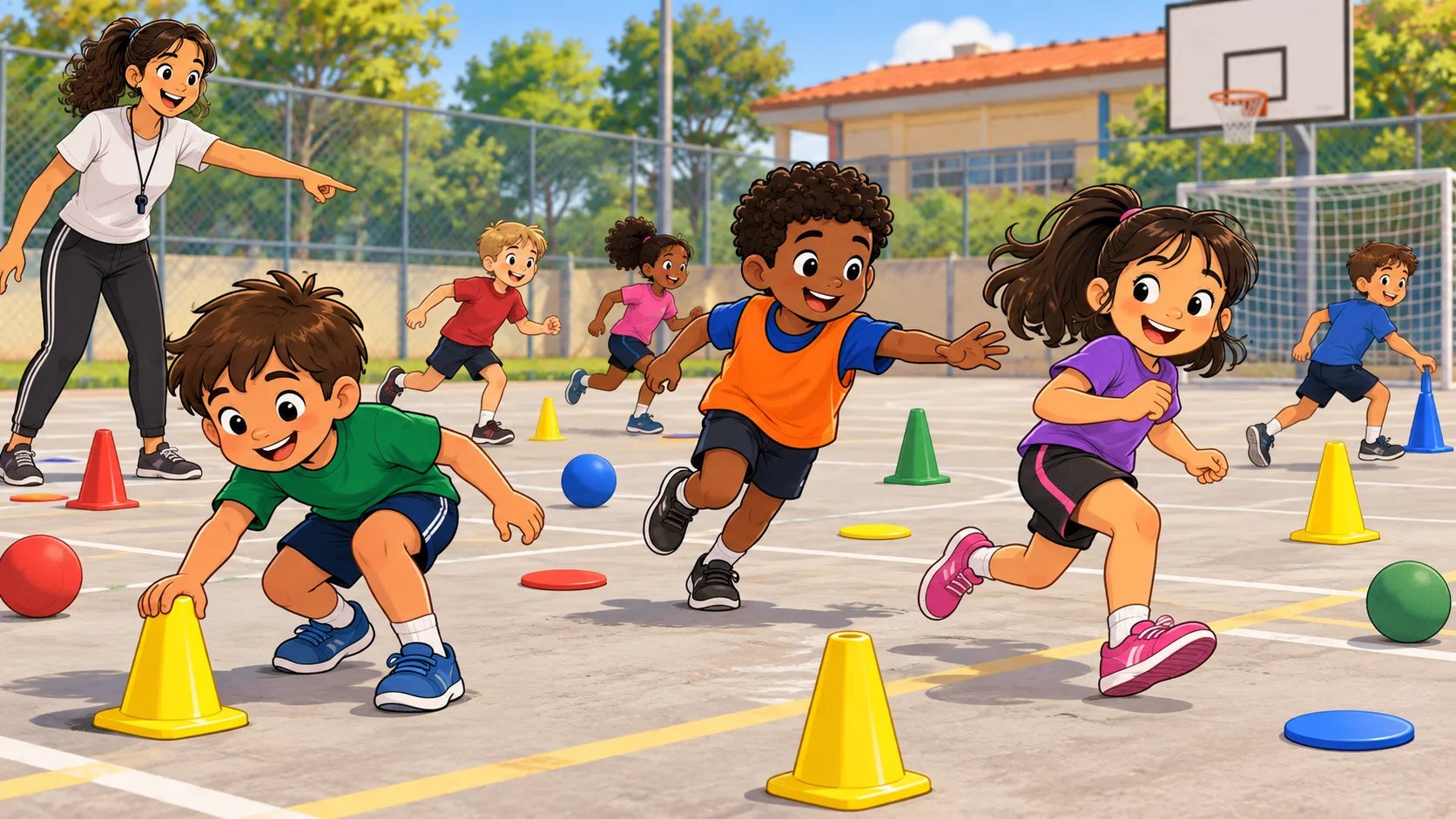 Ilustração cartoon 2D da atividade Pique Cor, com crianças brincando na escola.