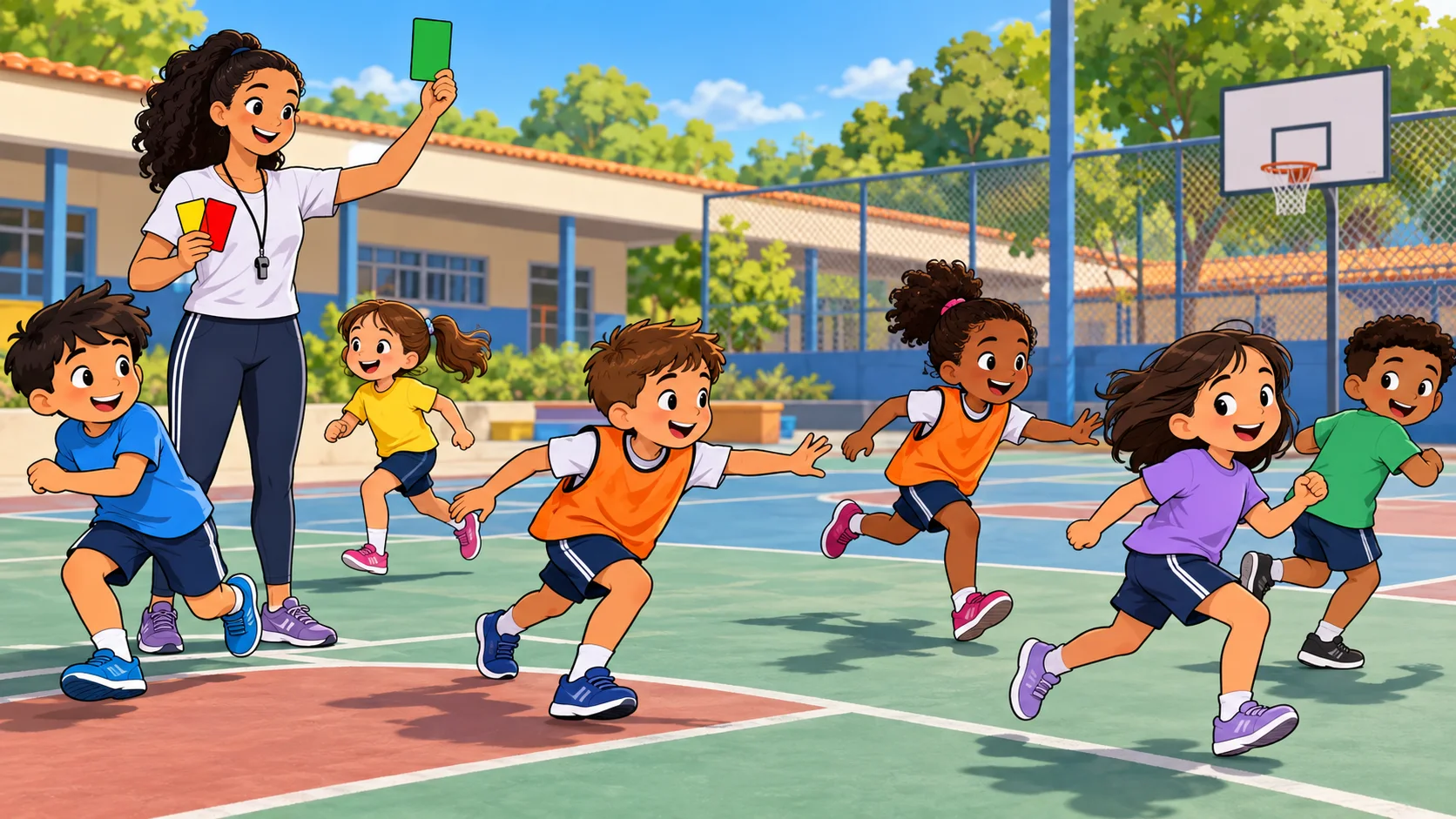 Ilustração cartoon 2D da atividade Pique Semáforo, com crianças brincando na escola.