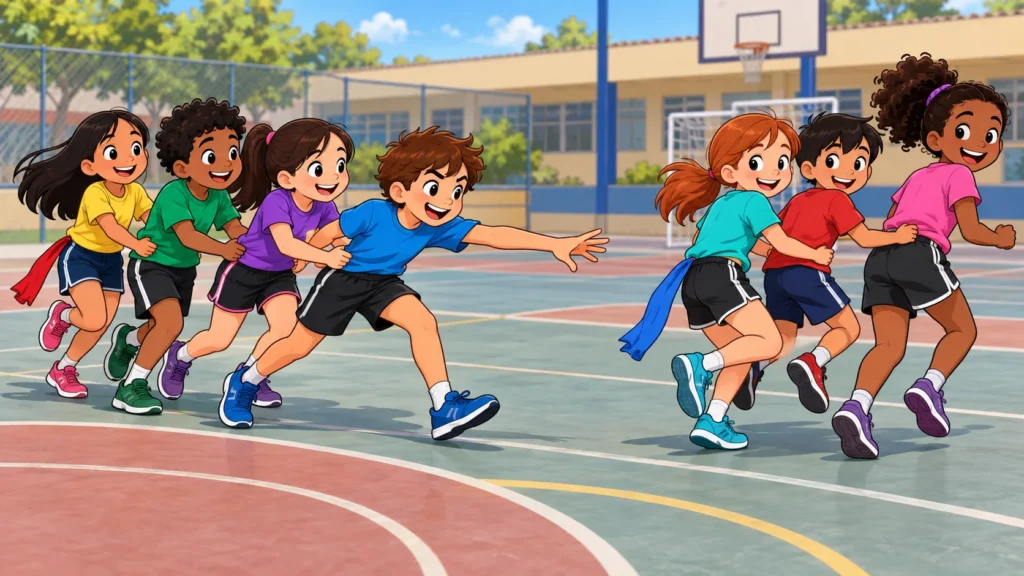 Ilustração cartoon 2D da atividade Pique Rabo de Dragão, com crianças brincando na escola.