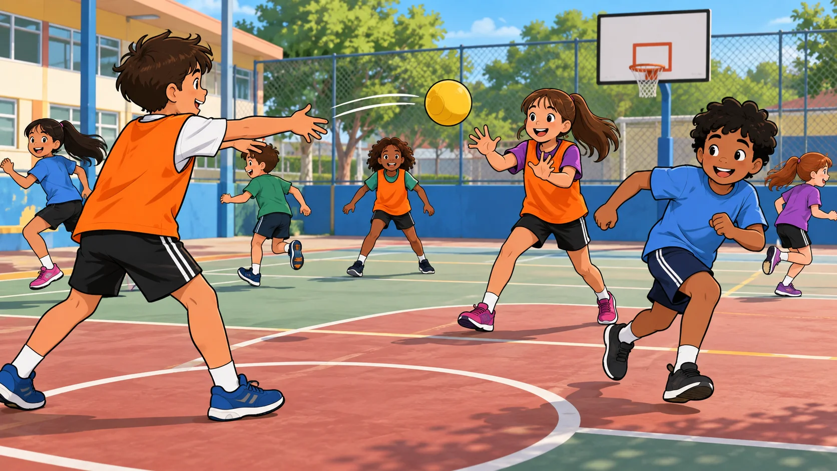 Ilustração cartoon 2D da atividade Pique com Bola, com crianças brincando na escola.