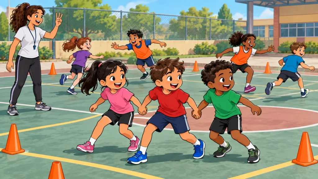 Ilustração cartoon 2D da atividade Pique Número, com crianças brincando na quadra.