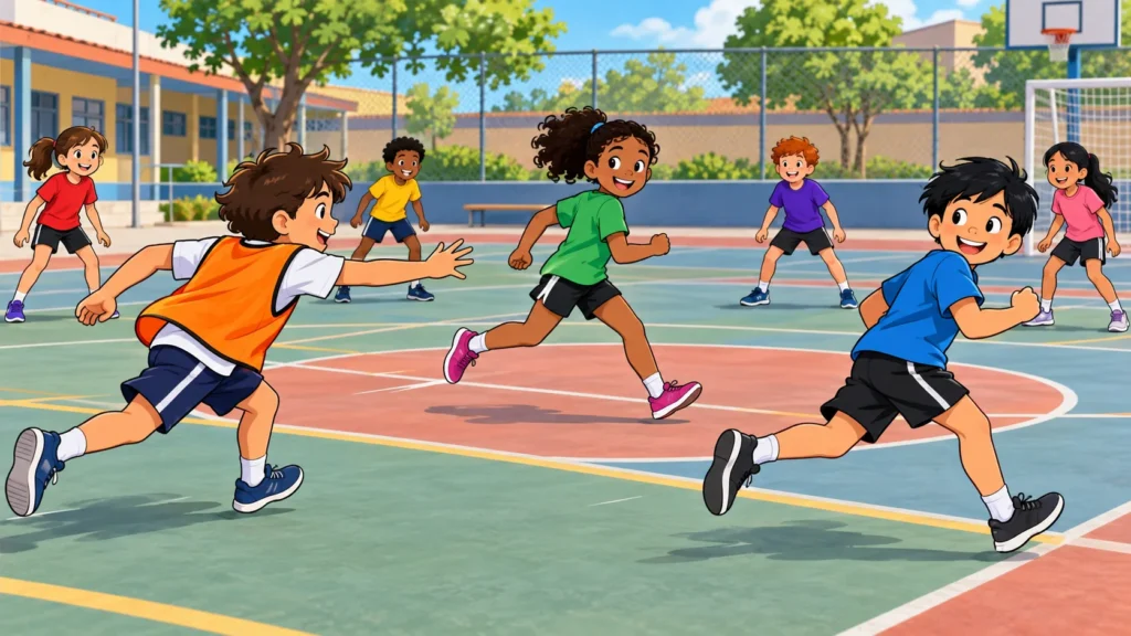 Crianças brincam de Pique Cruzado na quadra, com um aluno cruzando o caminho entre pegador e perseguido, em cartoon 2D.
