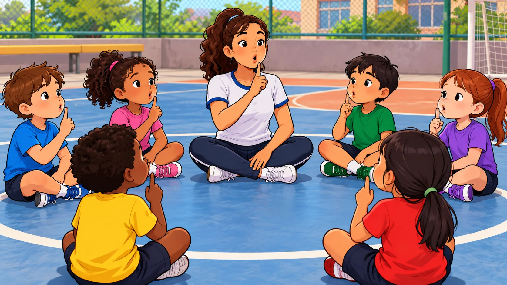 Ilustração cartoon 2D da atividade Soprando a Vela, com crianças praticando na escola.