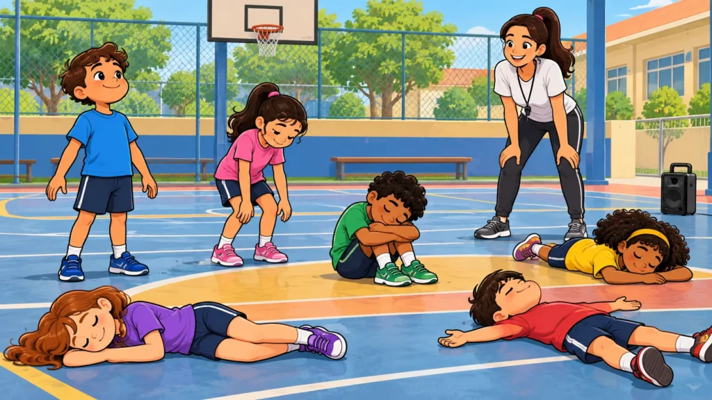 Ilustração cartoon 2D da atividade Estátuas que Derretem, com crianças praticando na escola.