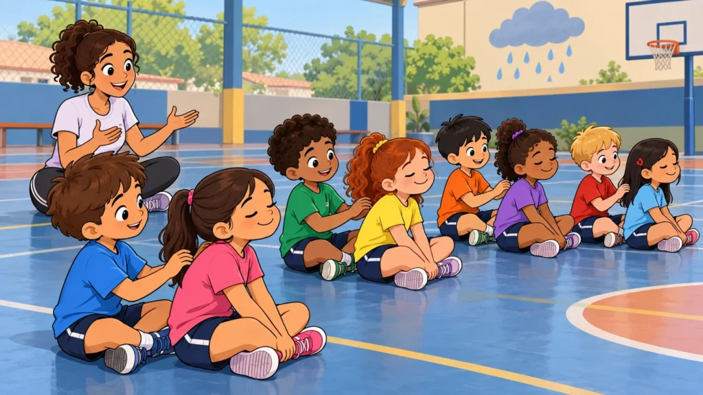 Ilustração cartoon 2D da atividade Massagem da Chuva, com crianças praticando na escola.
