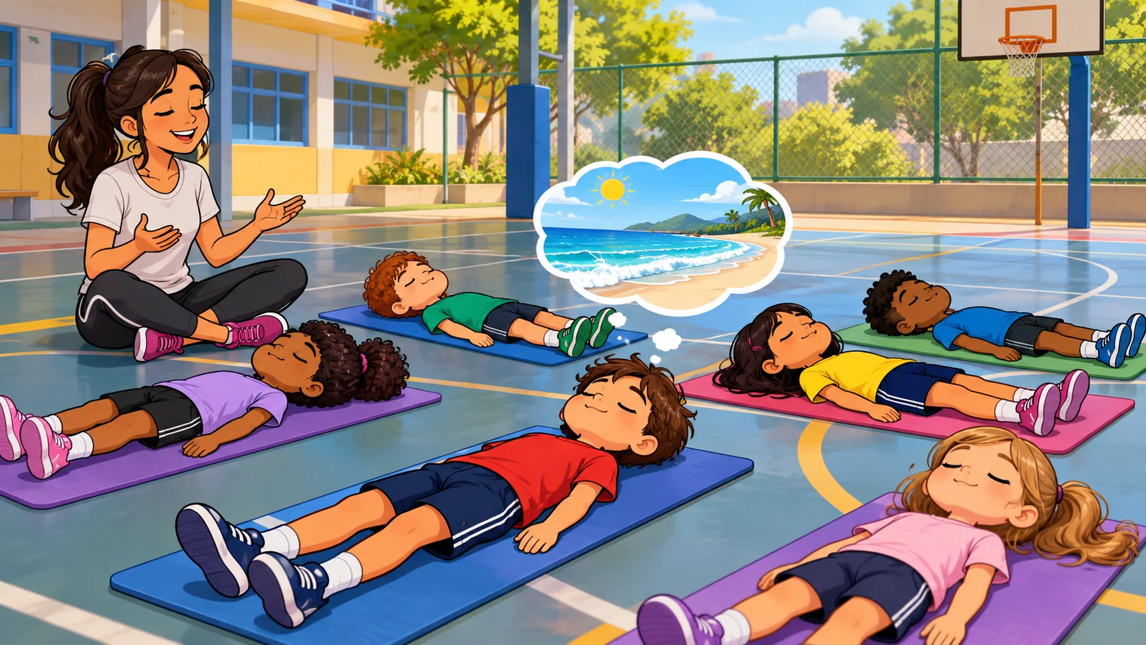 Ilustração cartoon 2D da atividade Viagem de Olhos Fechados, com crianças praticando na escola.
