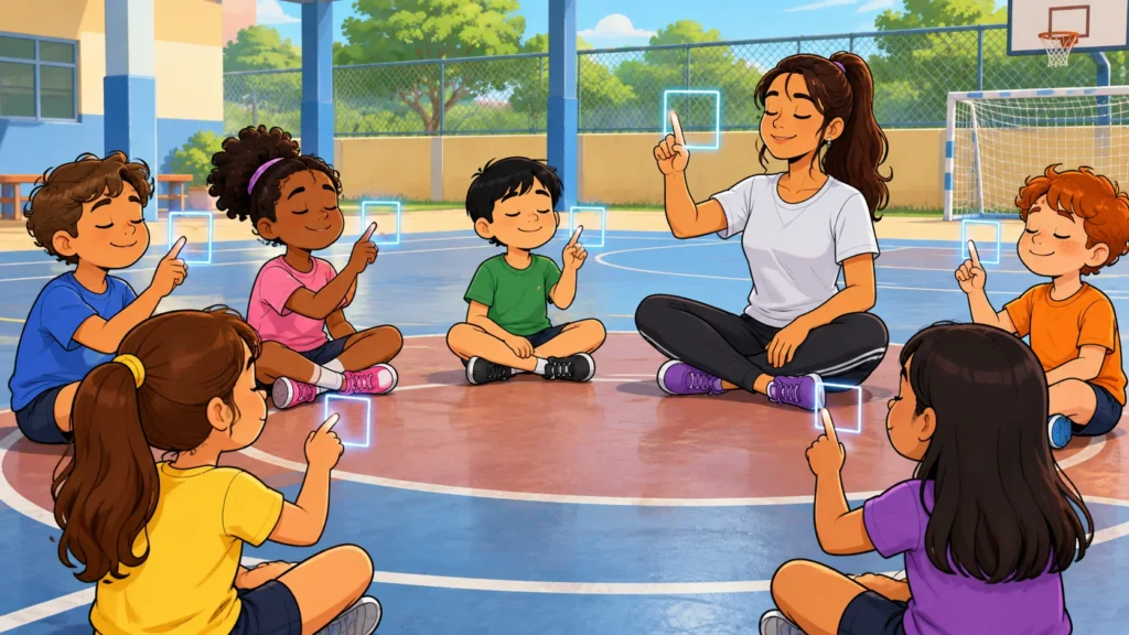 Ilustração cartoon 2D da atividade Respiração do Quadrado, com crianças praticando na escola.