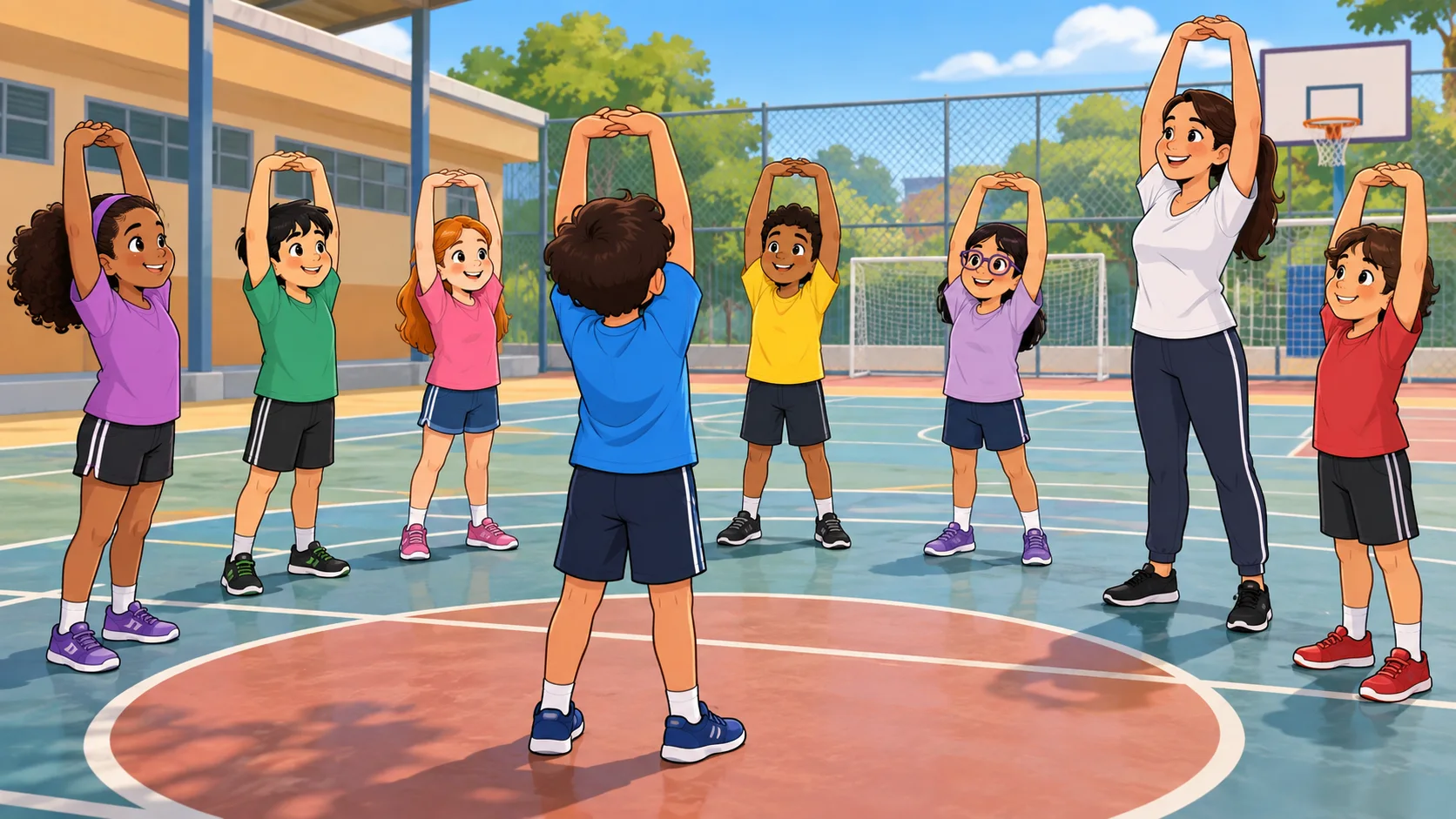 Ilustração cartoon 2D da atividade Roda do Alongamento, com crianças praticando na escola.