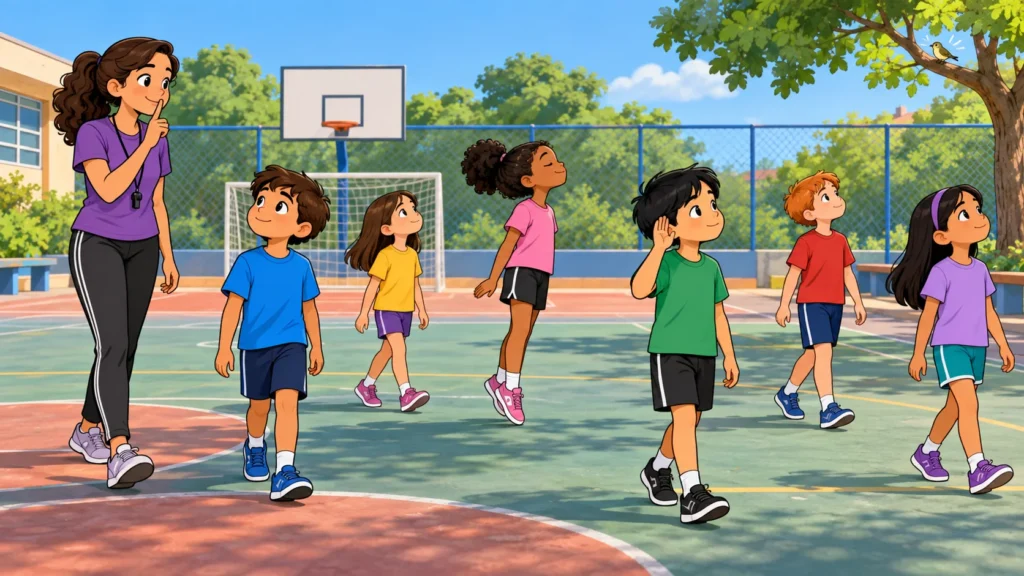 Alunos caminham devagar e escutam os sons da escola na atividade Caminhada do Silêncio, em cartoon 2D.