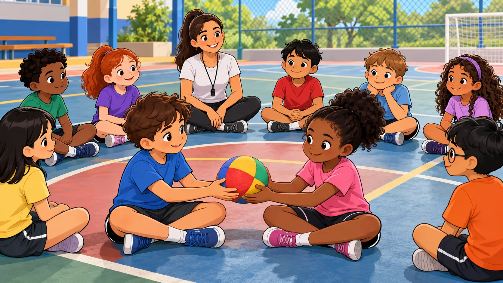 Crianças sentadas em roda passam uma bola devagar na atividade Bola Lenta, em cartoon 2D.