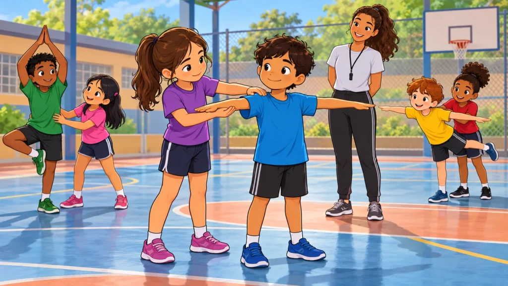 Ilustração cartoon 2D de alunos em duplas criando poses na atividade Escultor e Estátua.