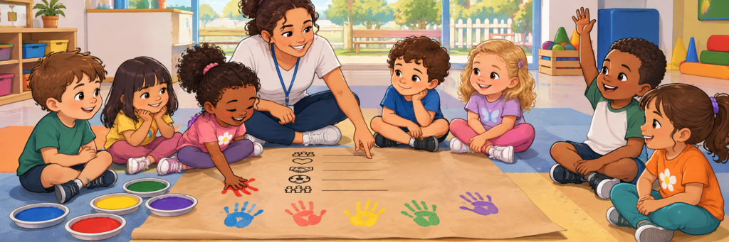 Crianças da Pré-escola e professora conversando em roda sobre os combinados para brincar.